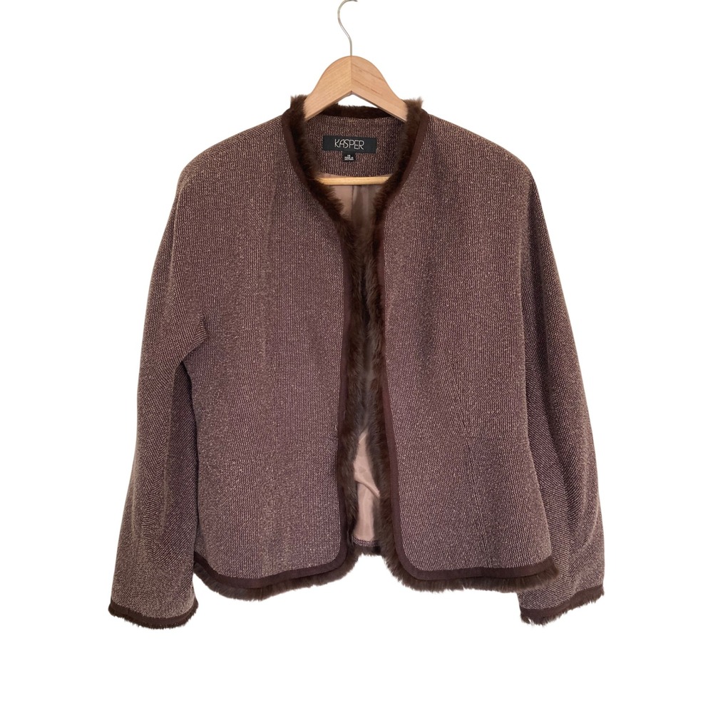 Kasper Womens Brown Faux Fur Trim Open Front Textured Jacket Size 14 Blazer